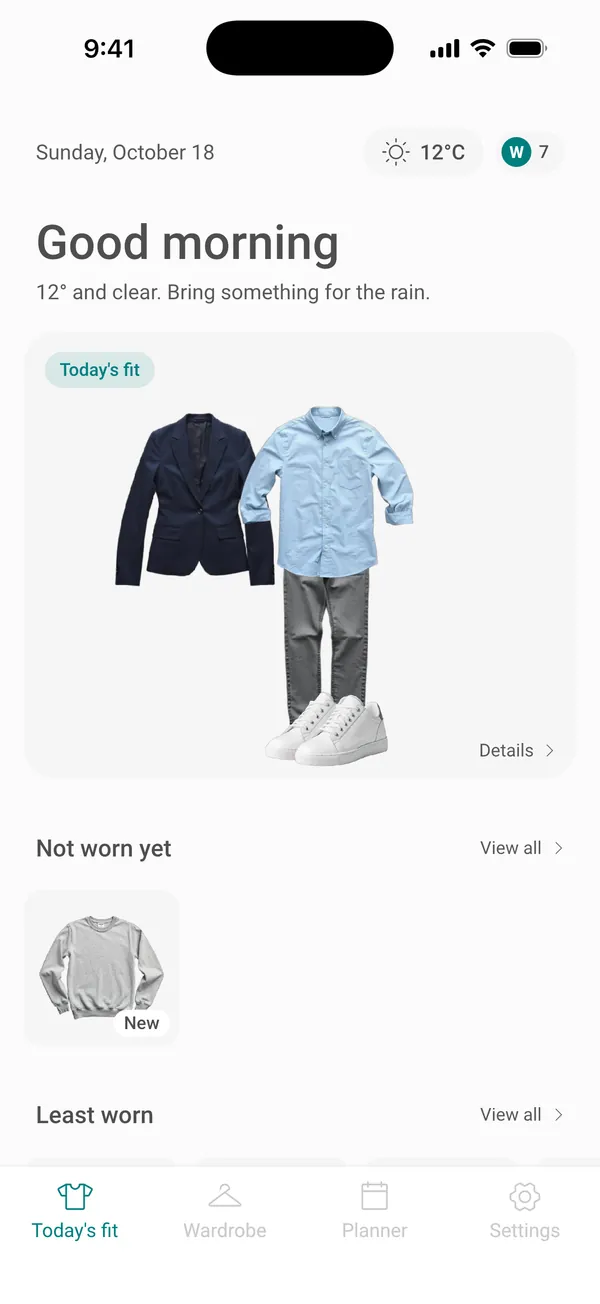 The Home screen with today's outfit picked