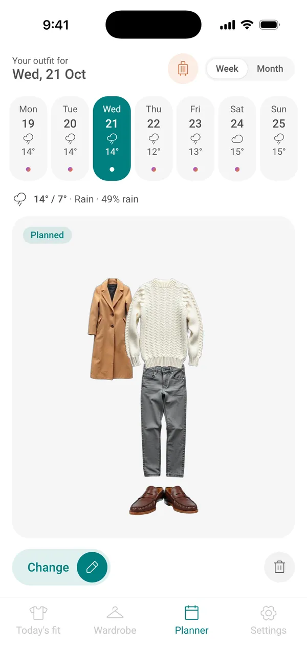 The week planner with an outfit set for each day