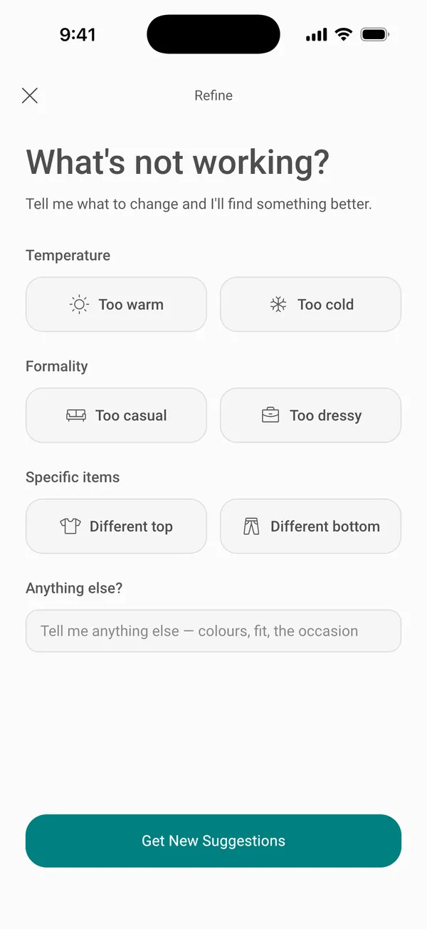Saying what to change: too cold, different top, or your own words